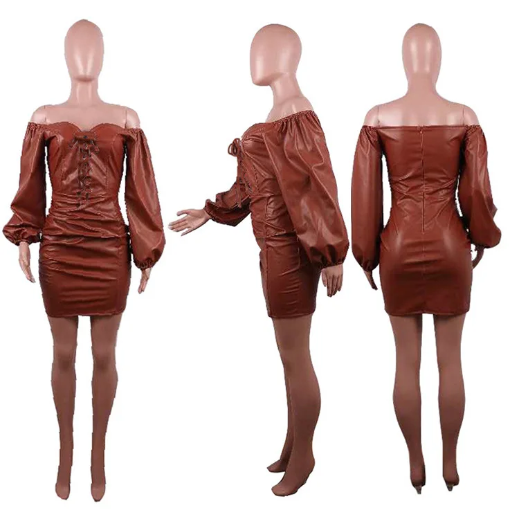 

Nightclub Style Women Bodycon Dress Fashion Sexy Girls Wear Slash Neck Puff Sleeve Skinny Pleated Mini Dresses Real Photos Party