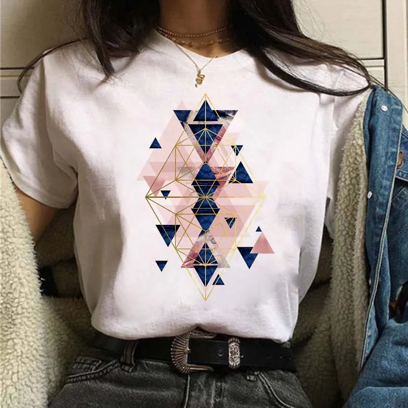 

Maycaur Summer Women T-shirt Geometry Printed Tshirts Casual Tops Tee Harajuku 90s Vintage White Tshirt Cute Female Clothing