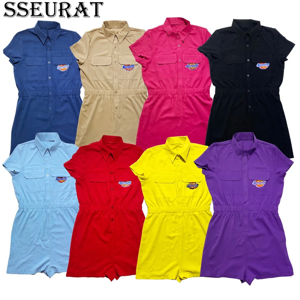 

SSEURAT Summer Women Casual Fashion Loose Pocket Icon Short Sleeve Tooling Jumpsuit Playsuit Rompers Hot