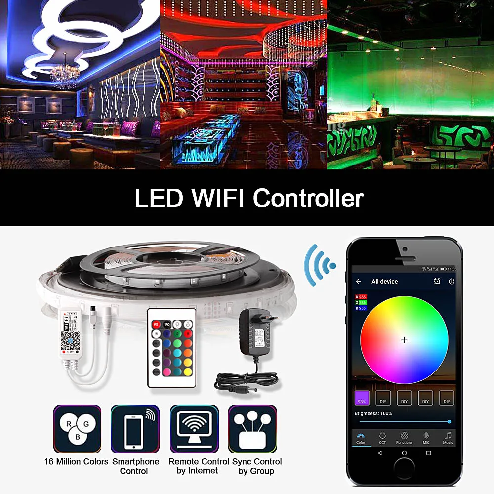 WI-FI Светодиодные ленты Водонепроницаемый 2835 5M RGB ленты Тира Светодиодные ленты 220V неоновая лента светильник+ 24Key пульт дистанционного управления 12V Мощность адаптер в комплекте