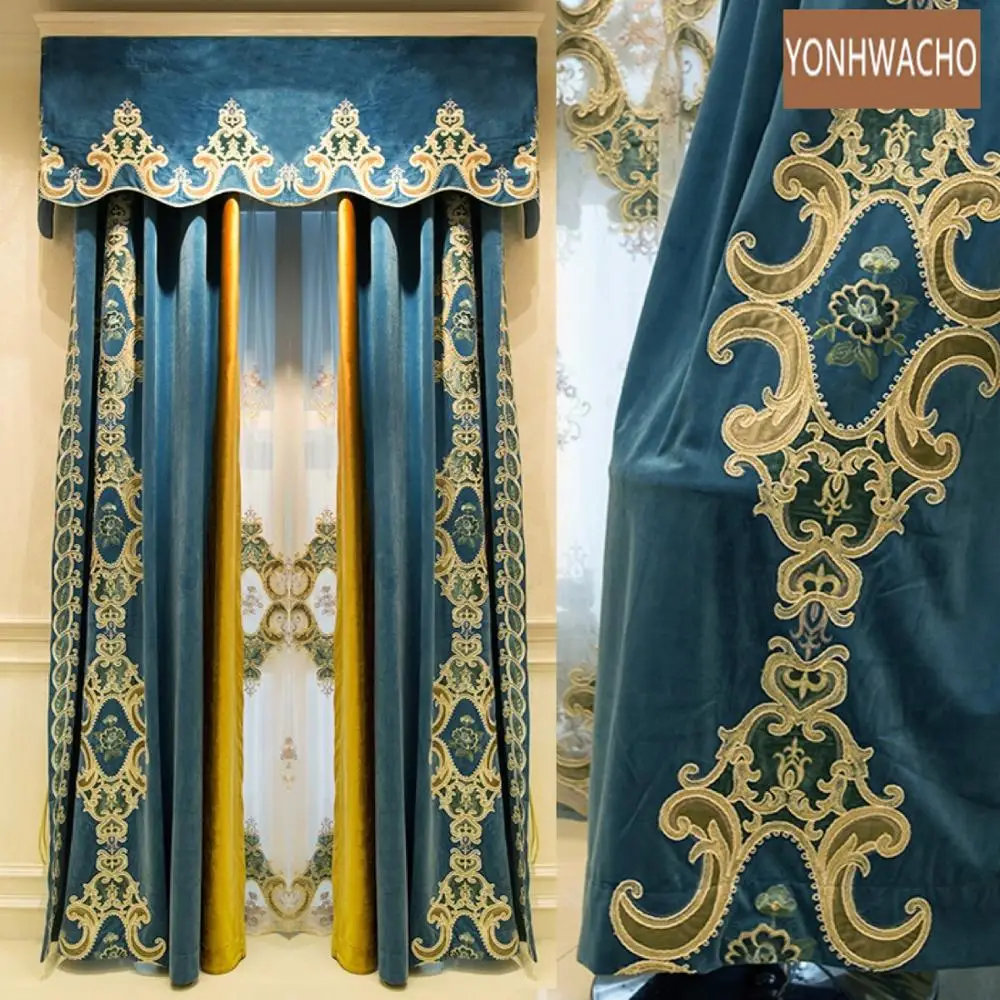 

Custom curtain elegant Villa European retro blue velvet bedroom thick cloth blackout curtain valance tulle panel C345