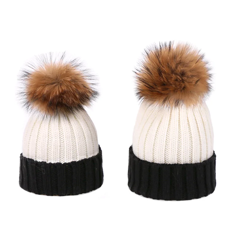 Новинка вязаная шапка реальное искусство меха для женщин детские теплые зимние
