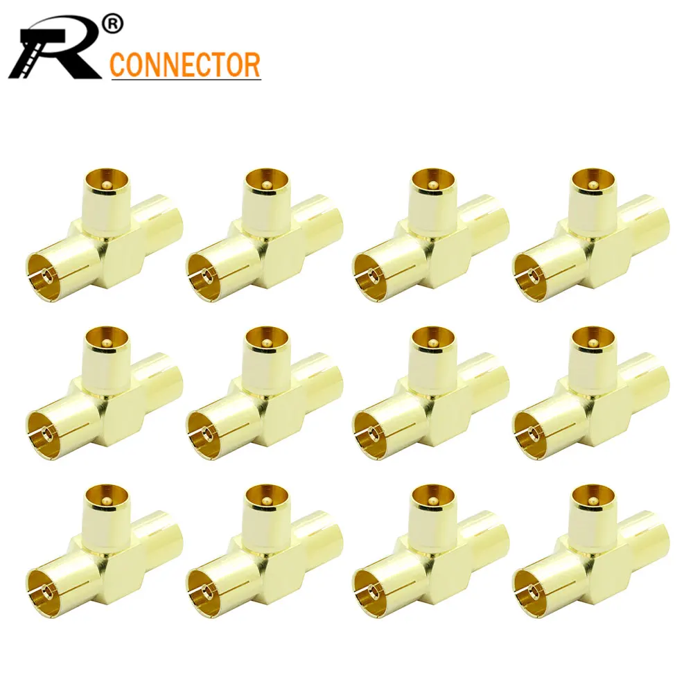 

DVB-T TV PAL 3 Way Splitter Connector Socket T-Type IEC male To 2 Dual Female Gold Plated Brass RF Coaxial Coax Adapter 12pcs