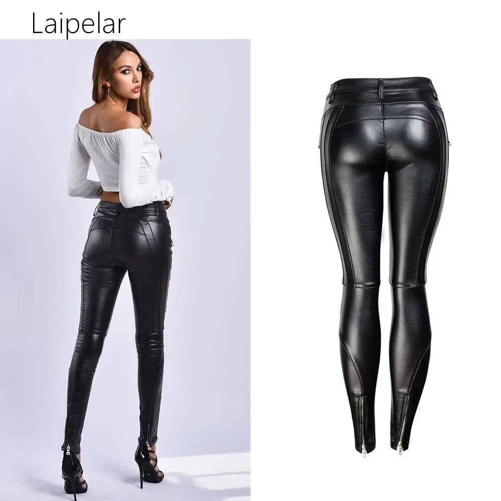 

Laipelar Jeans Women Sexy Pu Leather Black Jeans Pencil Pants High Wasit Button 2019 Autumn And Winter Slim Skinny Pants
