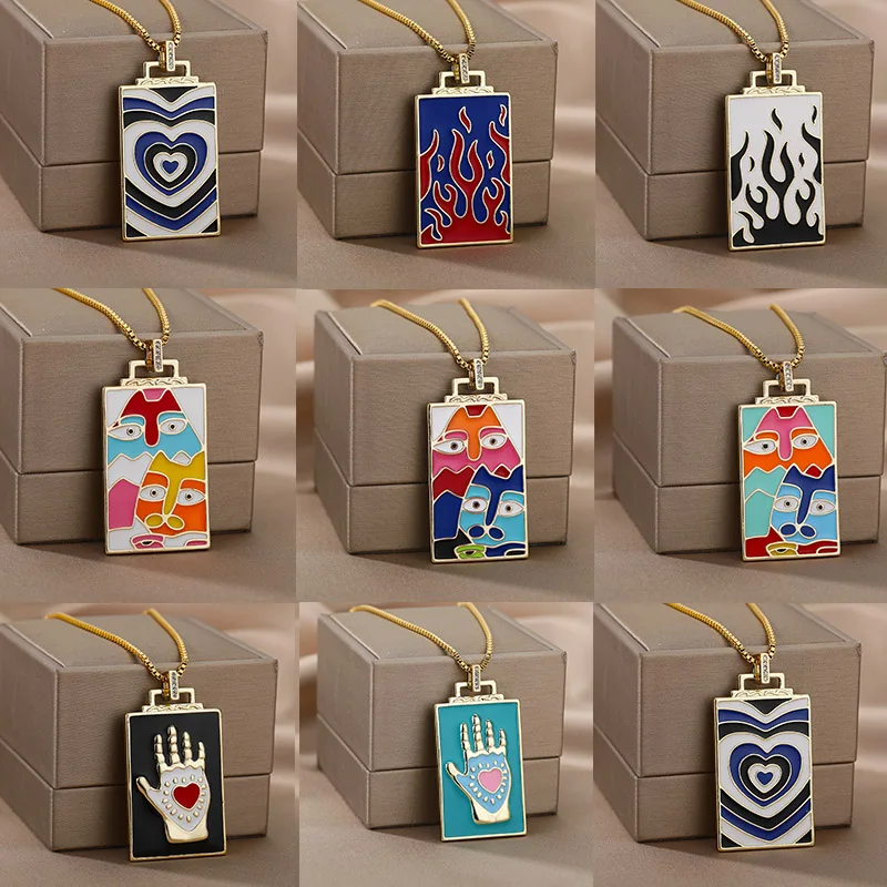 

Colorful Dripping Oil Square Painting Cartoon Graffiti Hand Flame Heart Necklace Men Gold Tarot Card Necklaces For Women Jewelry