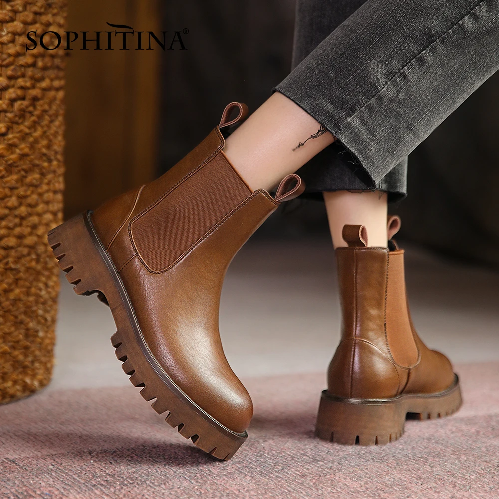 

SOPHITINA Women's Boots Thick-soled Non-slip Chelsea Premium Leather Solid Color Casual Short Tube Round Toe Ankle Boots NO015