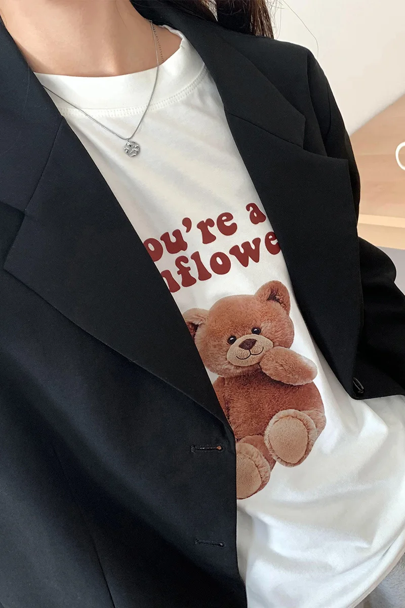 

Houthion Cotton Loose Plus Size Women's T-shirt 2021 New Casual Tshirt Fashion Short Sleeve Letter Bear O-neck T Shirt Summer