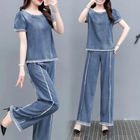 summer new denim pants sets fashion two piece wide leg pants and top temperament thinner and age goddess suit
