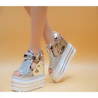 2021 summer european and american high heeled womens sandals sequin waterproof table thick bottomed muffin increased by 13cm