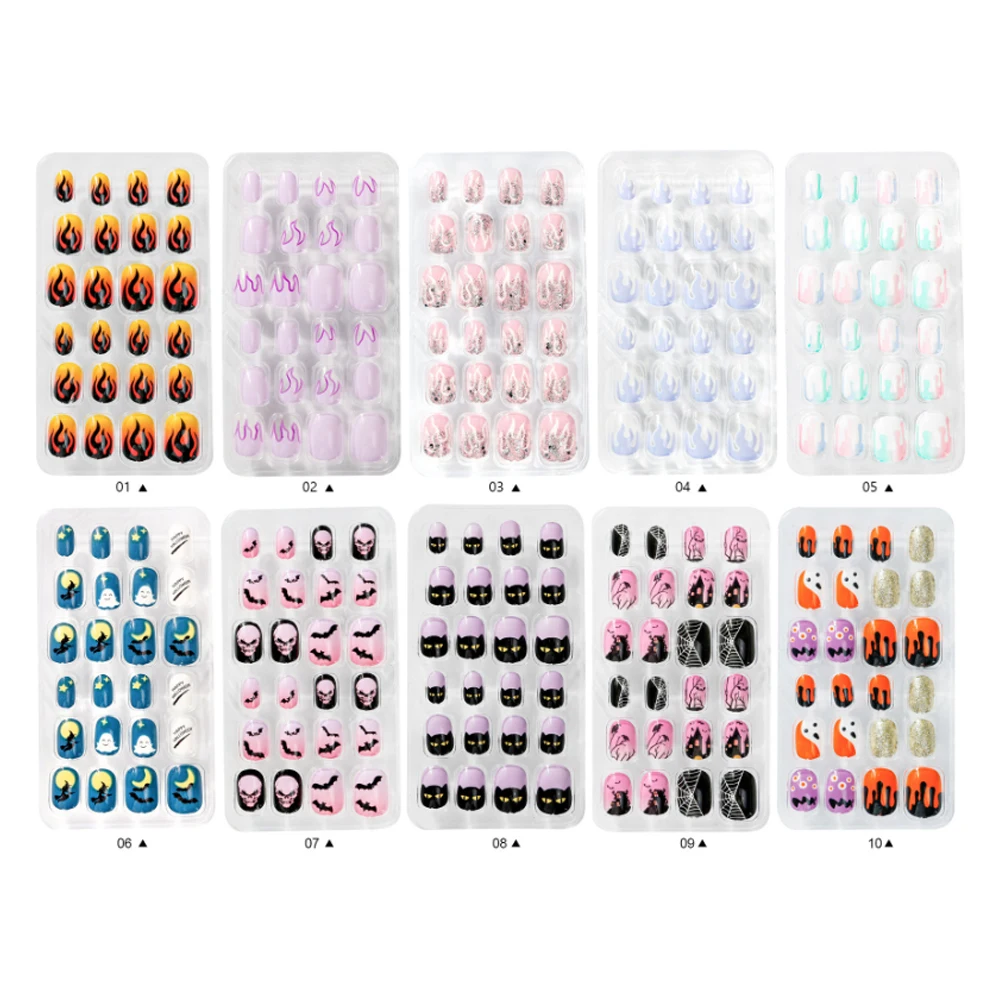 NEW Fashion 24pcs False Nail Tips Press On Children Flame Full Cover Kid Glue Self Fake Art for Girls Reusable Manicure Tip | Красота и