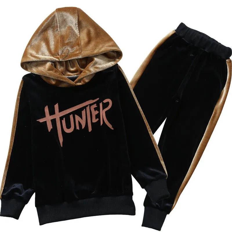 

New Arrival Toddler Children's Clothing Suit Kids Girls Letter Gold Velvet Tracksuit Teenager Autumn Winter Sports 2 Pieces Set