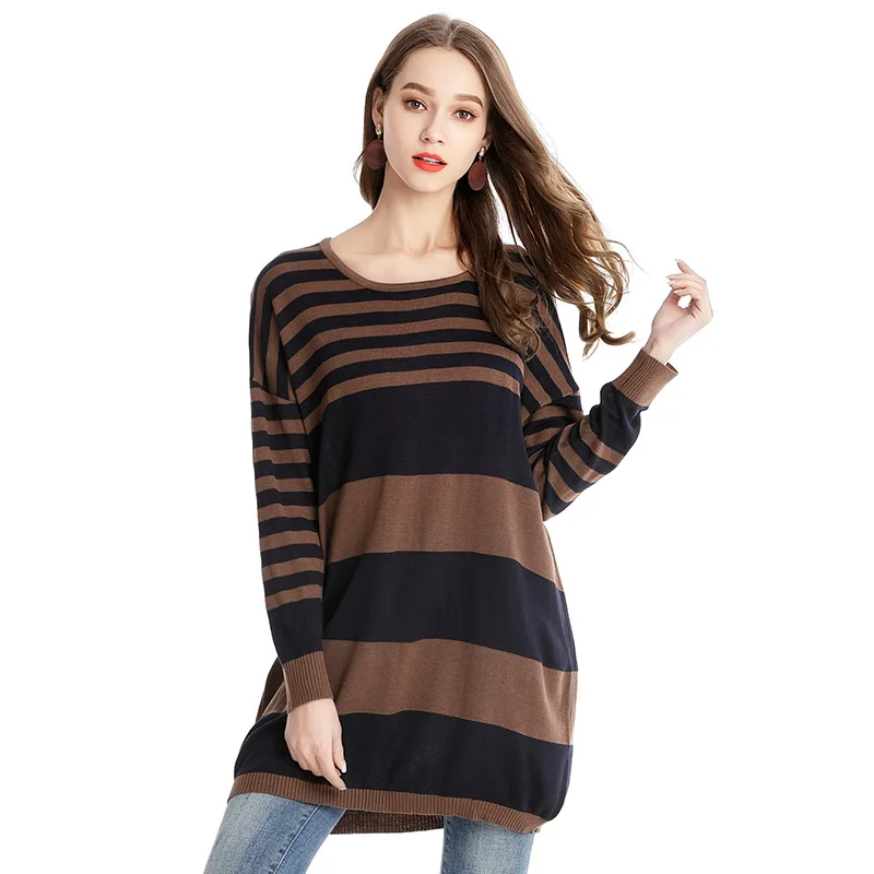 Женские свитера и пуловеры в полоску с круглым вырезом длинное повседневное