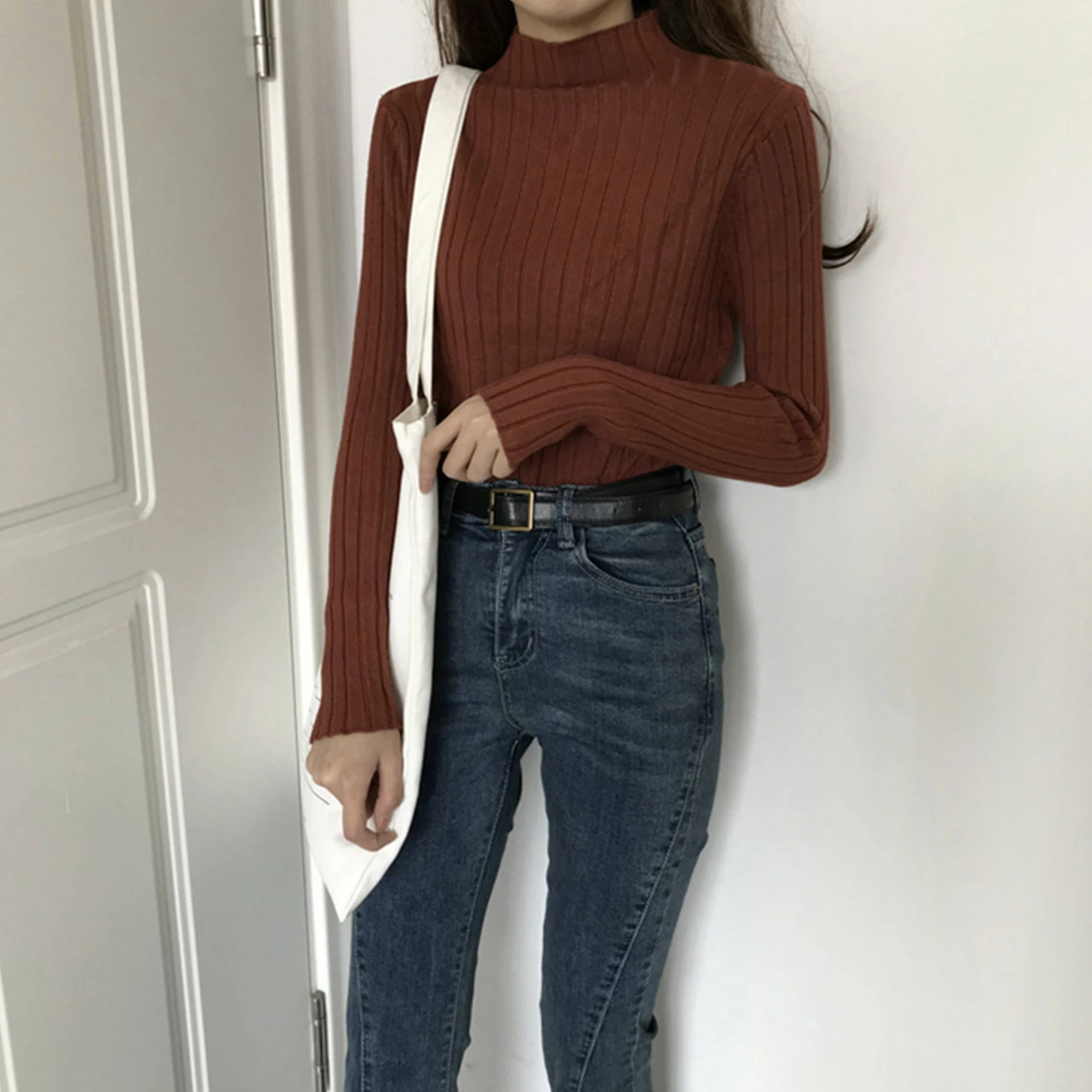 

Korean Style Sweater Women High Neck 2021 Casual Rib Knit Sweater Pure Color New All-Match Pullover Sweater Women Clothing