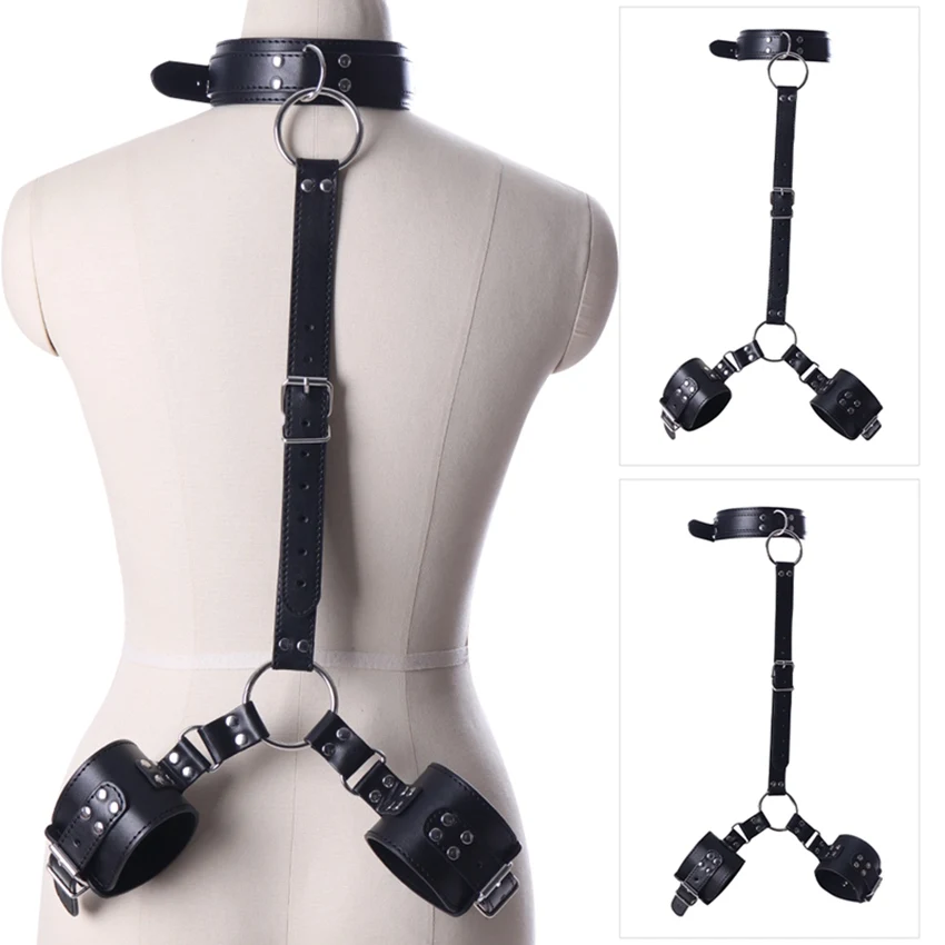 BDSM Bondage Sexy Collar Handcuffs Wrist Tied Hand Sex Toys Set for Couples Adult Erotic Leather Handcuffs Flirt Sex Harness