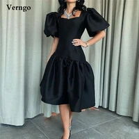 verngo black satin evening party dresses short puff sleeves square neck knee length formal dresses women occasion dress