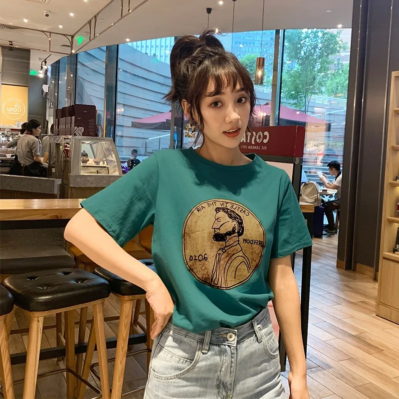 

Korean Printing Loose Basic T Shirt Summer Short Sleeve Simple T-shirts for Women Harajuku Kawaii Funny Student Plus Size Tshirt