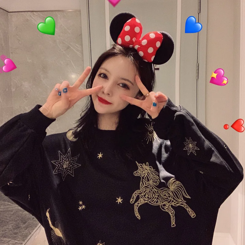 

Hoodies Women Streetwear Loose Korean Style Girl Print Round Neck Full Sleeve Retro Fashion Cozy Feminine Autumn Unisex Clothes