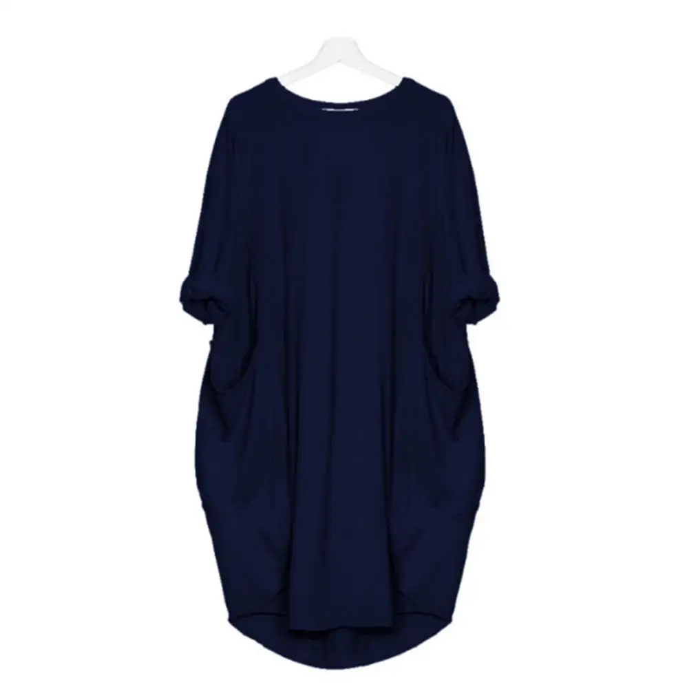 

Women Casual Solid Color O Neck Long Sleeve Pockets Knee-length Baggy Dress Plus Size