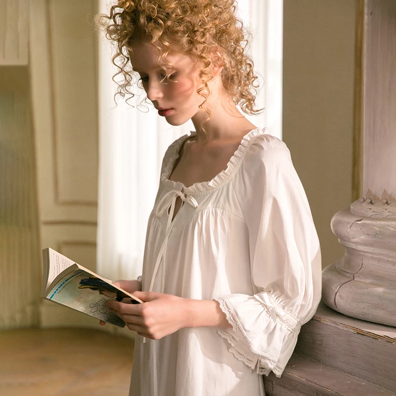 

Nightgown Women Sweet Lovely Sleepwear White Nightgown Spring Autumn Leisure Fashion Cotton Sleepwear