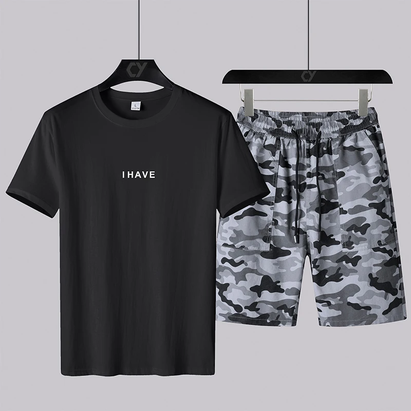 

Men's Sportswear Casual Summer Tracksuit Men Two Pieces Sets Short Sleeve T Shirt Shorts Camouflage Joggers Track Suit Running