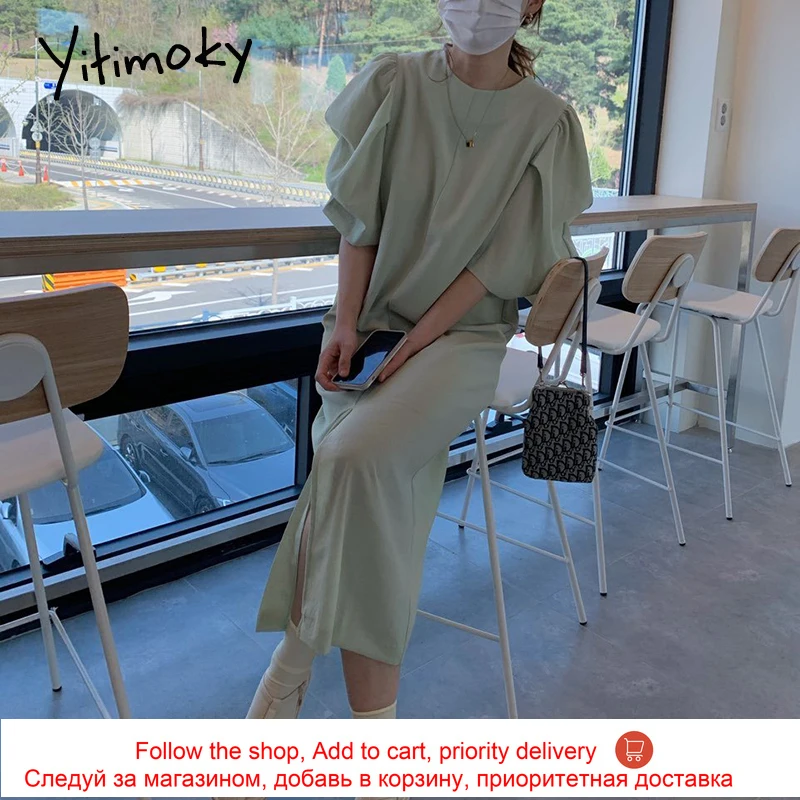 

Yitimoky Vintage Puff Sleeve Folds Elegant Summer Dresses Women 2021 Korean Loose Waist Day-dress O-Neck Straight Solid Dress