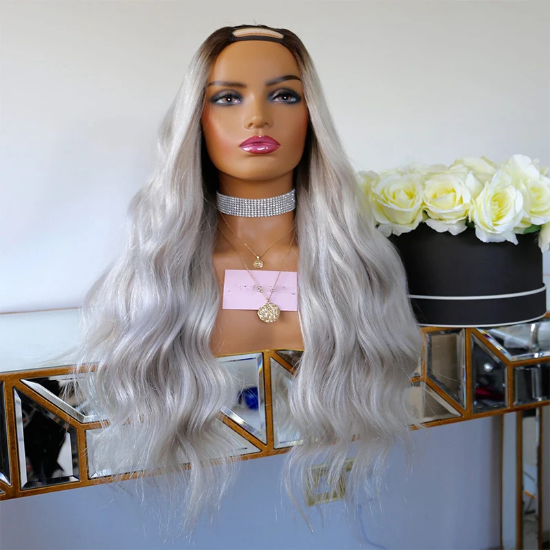 

Glueless Human Hair Wig Ombre Grey Blonde Middle Opening U Part Wigs 1x4 Natural Wave Remy Hair for Women Machine Made Brown