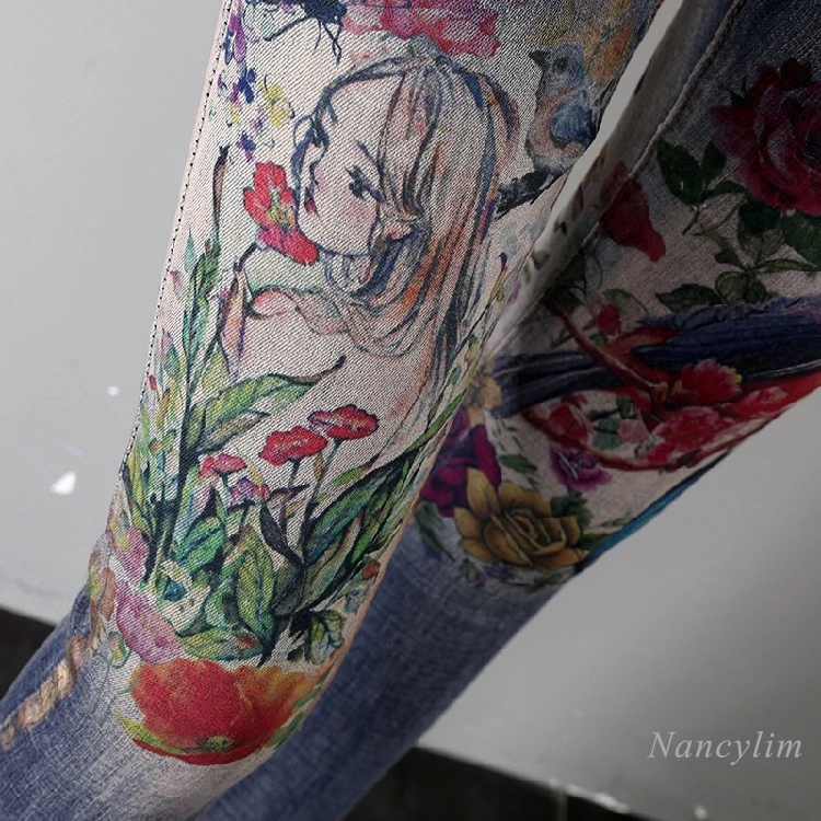 

Pretty Painted Flare Pants Women 2021 Spring Summer New Retro Printed Burrs Tassle Jeans Ladies Clothes Slim Skinny Stretch