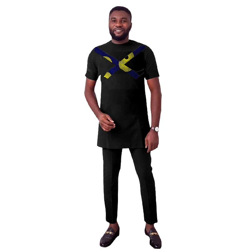 

Black Cotton Men's Outfits Short Sleeve Tops+Pant African Festival Man Suits Wedding Party Wear Customized