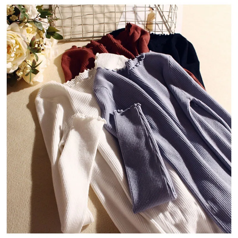 High collar pleated sweater female high elastic Slim 2019 autumn and winter fashion sexy knit pink white black coat | Женская одежда
