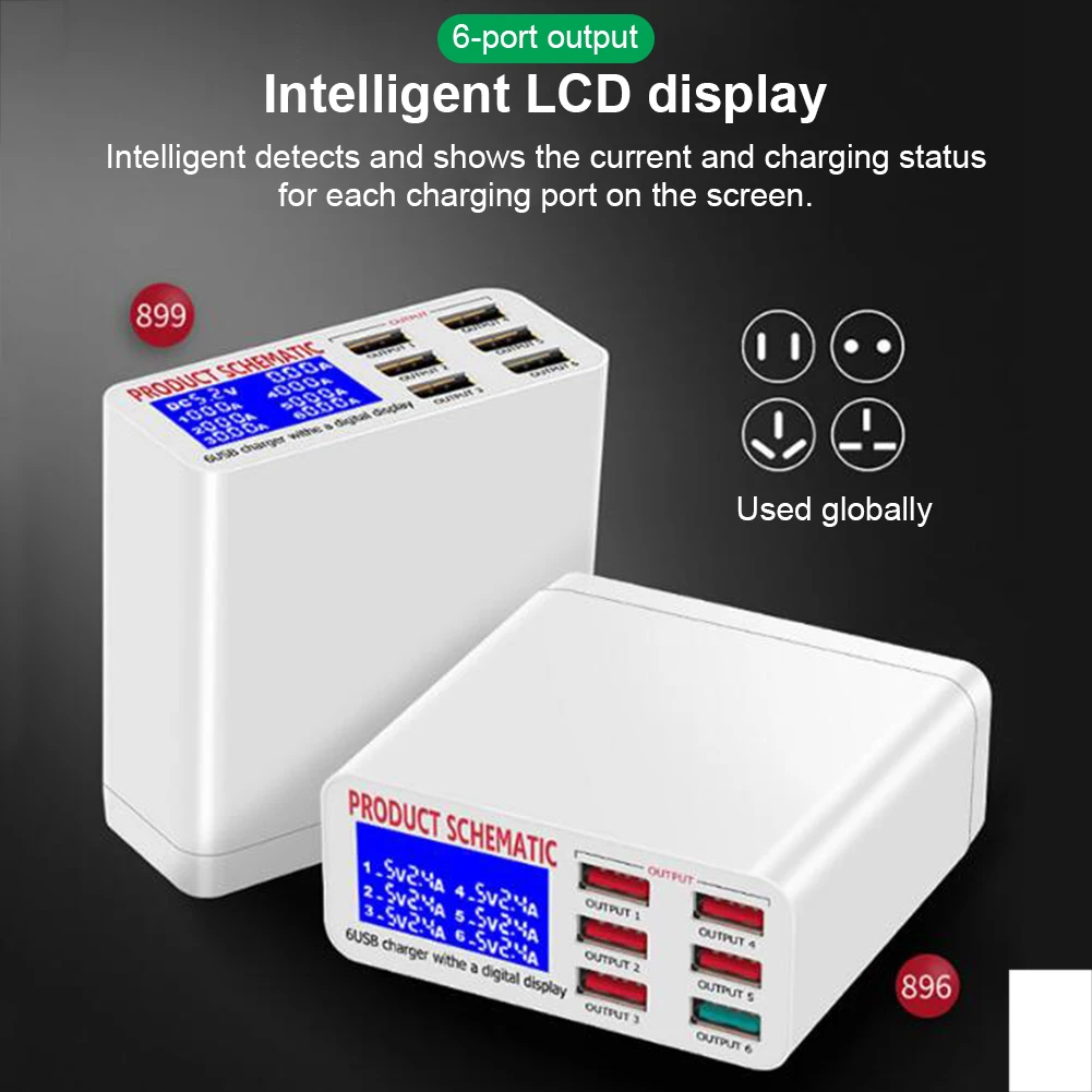 

6 Ports QC3.0 USB Charger with LCD Display 40W 8A Desktop Charging Station Smart Fast Charger for Smart Phones Tablet PC