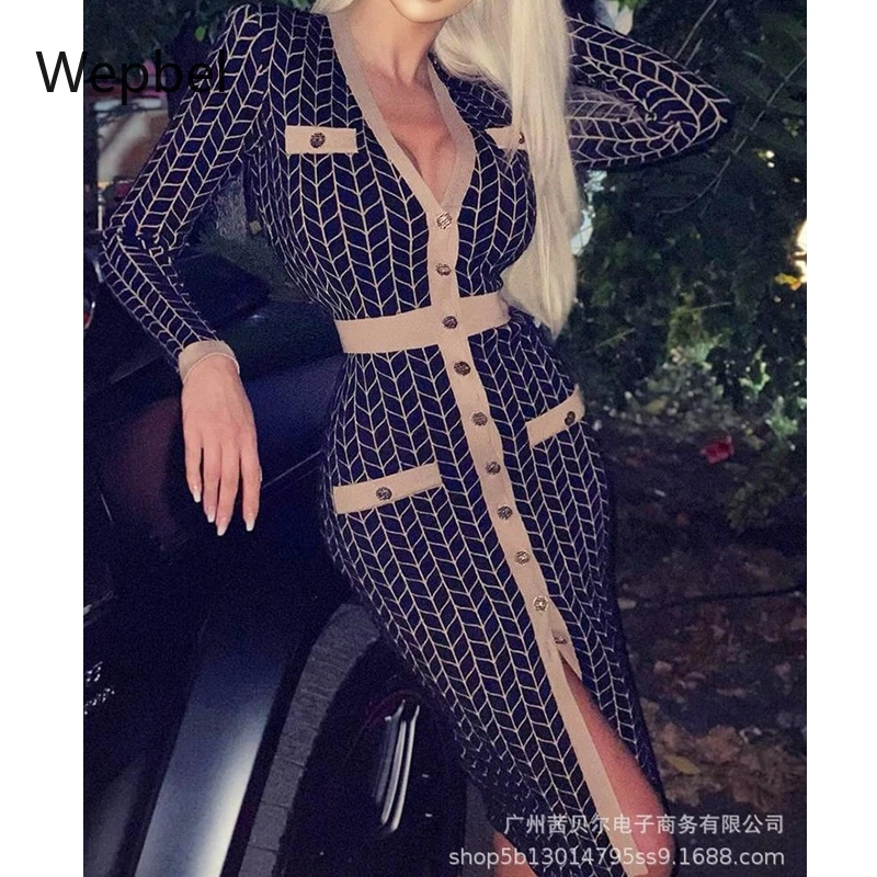 

Mandylandy Bodycon Long Dresses Deep V Fashion Business Dress Women Long Sleeve Sheath Single-breasted Cardigan Dress Streetwear