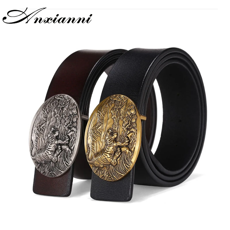 Men's Fashion Jeans Leather belt tiger head metal Tiger Alloy Smooth buckle male western cowboy style belt