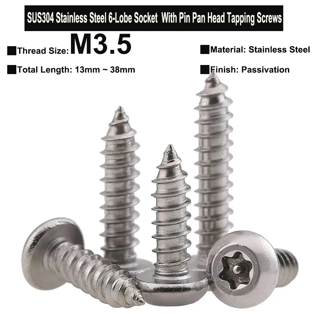 

30Pcs/20Pcs M3.5x9.5mm~32mm SUS304 Stainless Steel Six-Lobe Socket With Pin Pan Head Anti-theft Safety Tapping Screws Type C