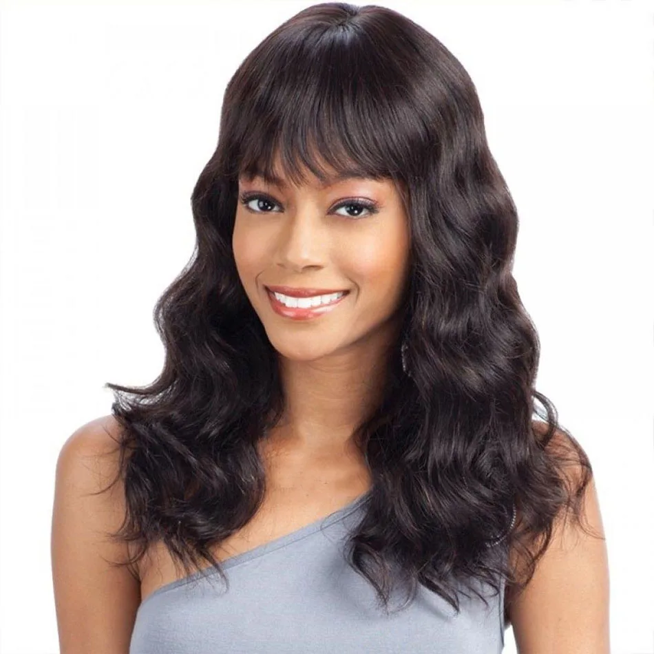 Loose Wave Human Hair Wig with Bangs 150% Density Brazilian Remy Wavy Scalp Top Silk Base Fringe Natural Color | Шиньоны и парики