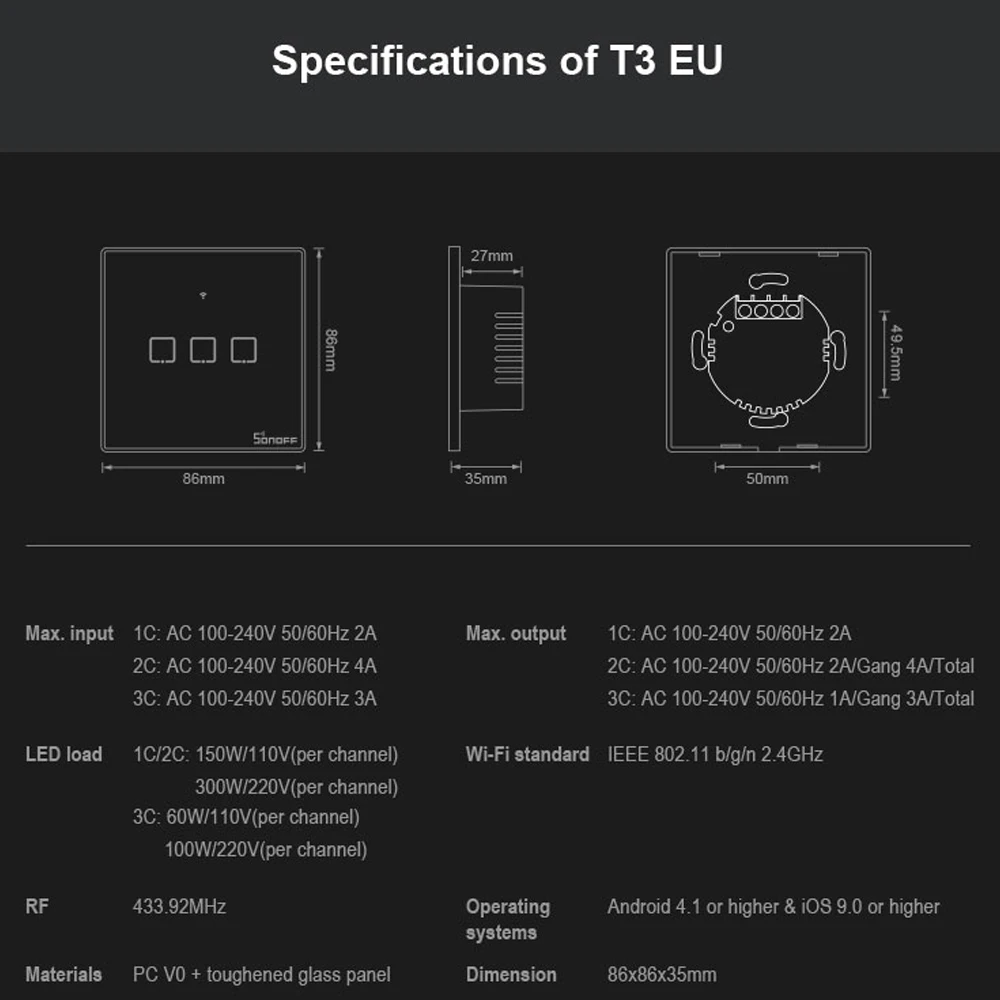 SONOFF T3 TX SmartSwitch Wifi настенный сенсорный переключатель с бордюром дома 433 пульт дистанционного управления RF/голосовой/APP/сенсорное управление работа с Alexa EU