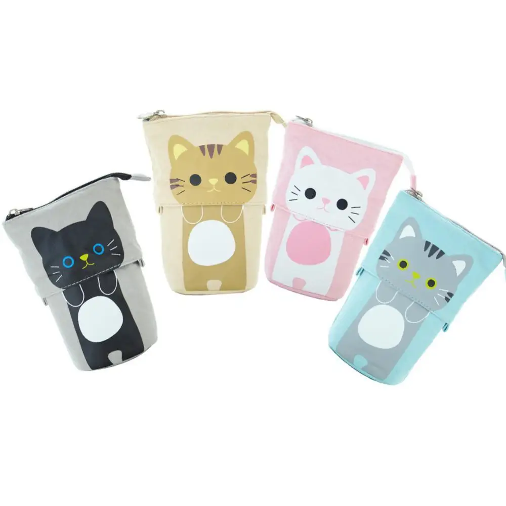 

Pen Bag Retractable Cute Cartoon Cat Print Zipper Closure Pencil Pen Holder Storage Bag Stationery Organizer