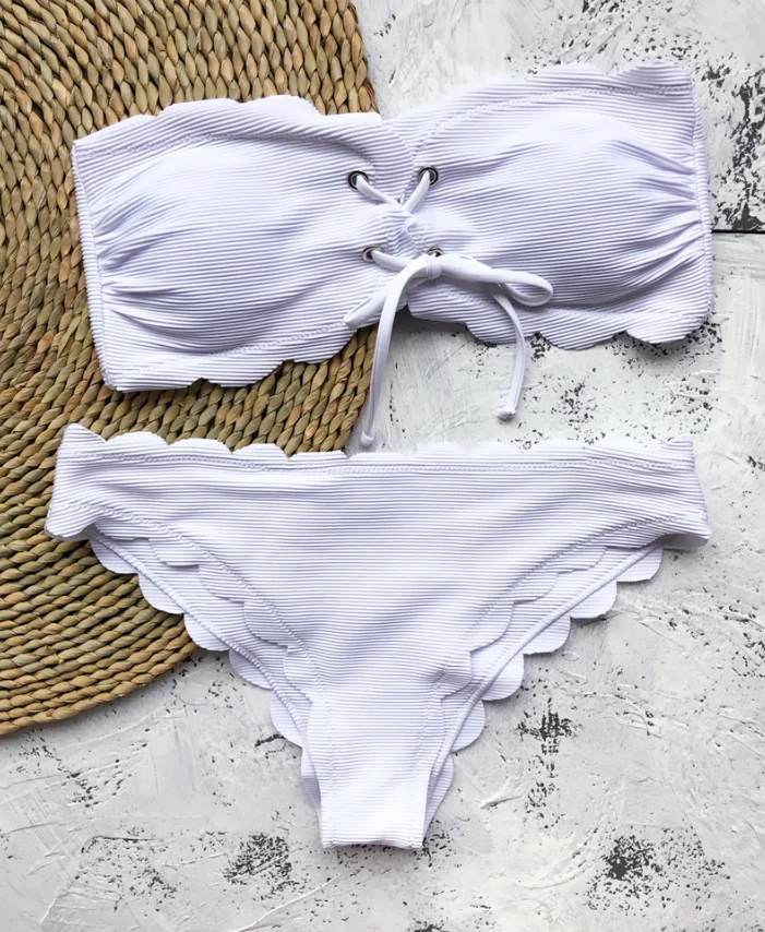 

Women Best Selling Cut Flowers Solid Strapless Swimsuit Two Piece Set with Belt