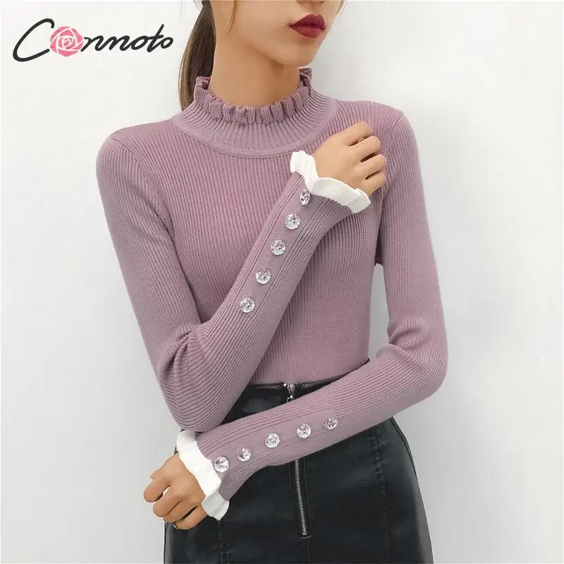 Conmoto Ruffle Harajuku 2019 Winter Sweater Women Knitted Turtle White Slim Kroean Ladies Mujer Pullover | Женская одежда