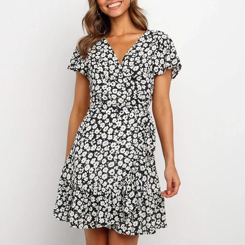 Summer V Neck Floral Print A Line Dress Ruffles Flare Short Sleeve Beach Women Fashion Wrap Mini Dresses Robe Ete Femme | Женская одежда