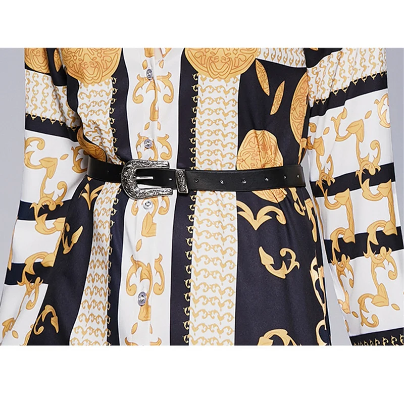 

Women's Elegant Runway A-Line Shirt Dress Sashes Robe Femme fashion Floral Print Autumn Long Sleeve Mini Dress vestido de mulher