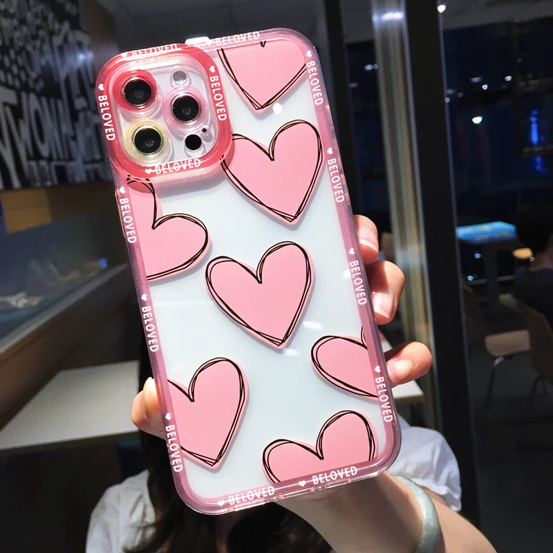 Cute Graffiti Love Heart Clear Phone Case For iPhone 14 Pro Max 13 12 11 X XS XR 7 8 Plus Fashion Transparent Shockproof Cover