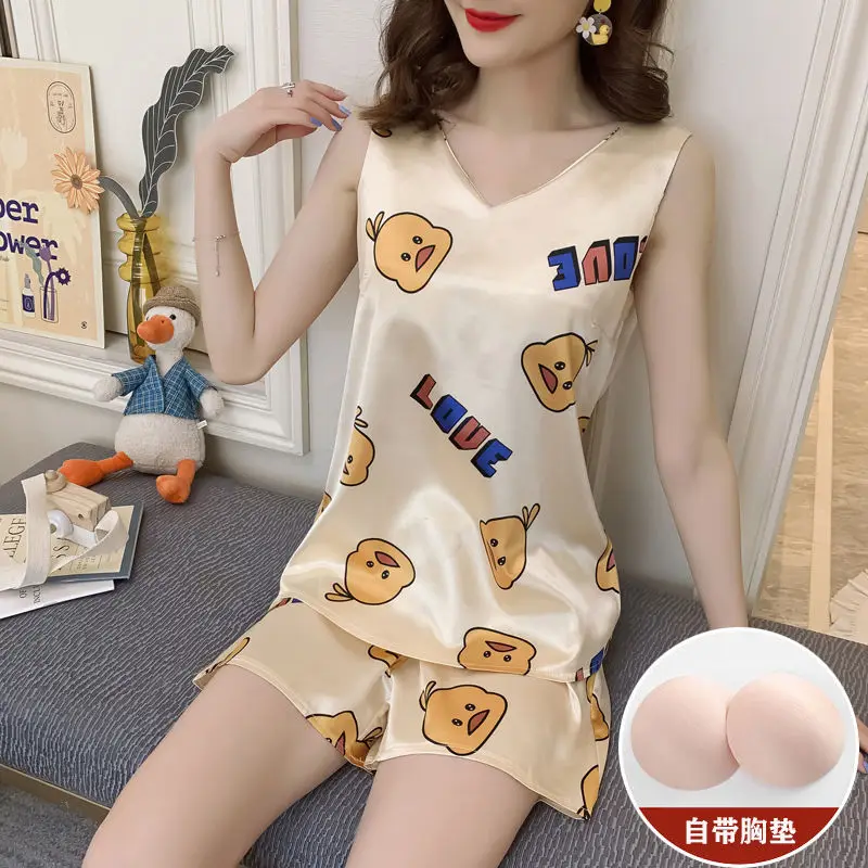 

Sleeveless vest ice silk pajamas women summer short-sleeved two suit fresh students bigger sizes thin can wear outside smoking j