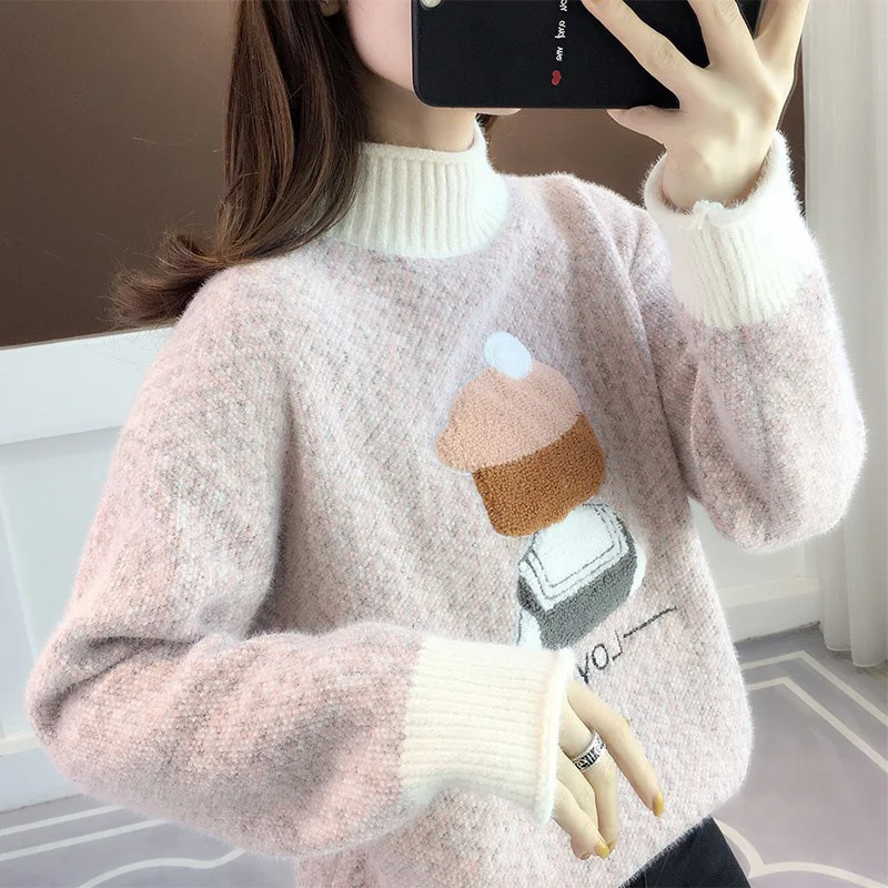 

2021 Imitation Mink Semi High Neck Sweater Women's Autumn And Winter New Loose Outer Top Lazy Wind Pullover Sweater Women