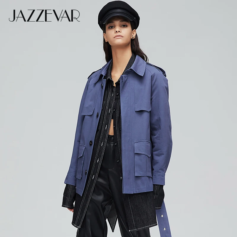 JAZZEVAR 2019 Новое поступление осенний тренч женское легкое хлопковое двубортное
