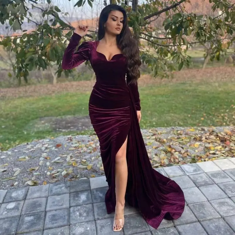 

2022 Arabic Mermaid Evening Dresses Long Sleeve Side Split Morocco Kaftan Soft Velvet Prom Formal Party Gowns robes de soirée