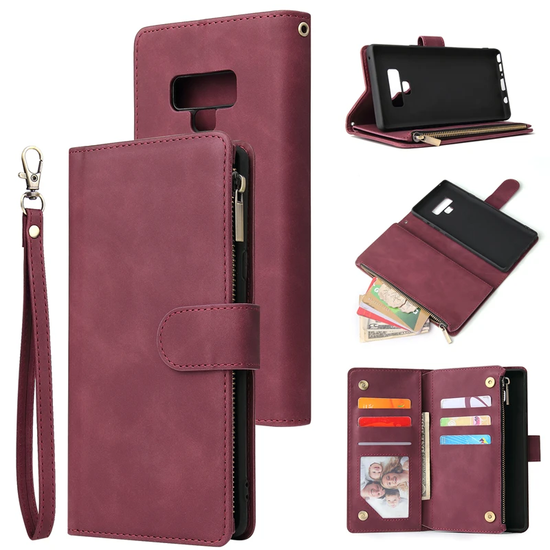 

Luxury Zipper Multi Card Slots Wallet Case For Samsung Galaxy Note 9 Flip Cover with Stand Funda