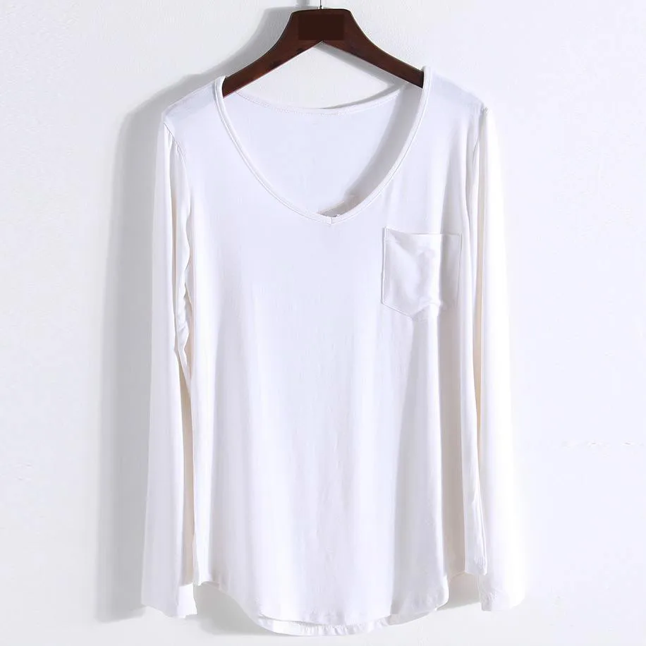 Модальный длинный рукав v образный вырез 4 цвета футболки весна лето Новое