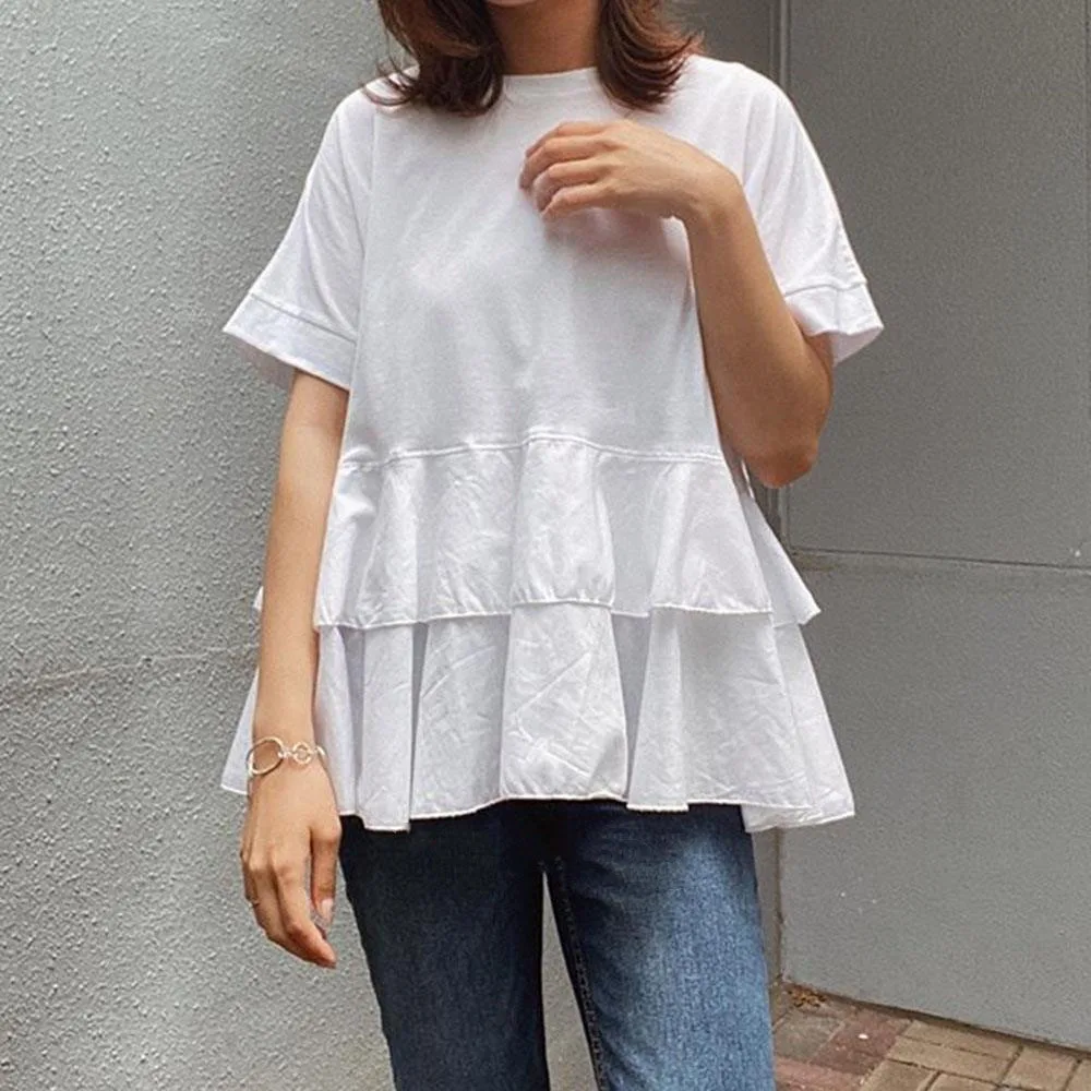 

Blouse Plain Round Neck A-line White Blouse Wearing Thin SNS Popular Ladies Fashion Short Sleeve Medium And Long Shirt