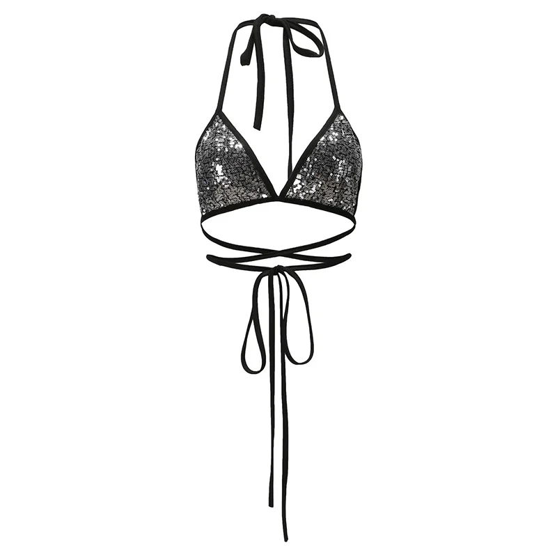 

Halter Bandage Crop Top Womens Sexy Sequins Camisole Party Club Summer Streetwear Tank Camis Lace-Up Vest Tube Tops Femme
