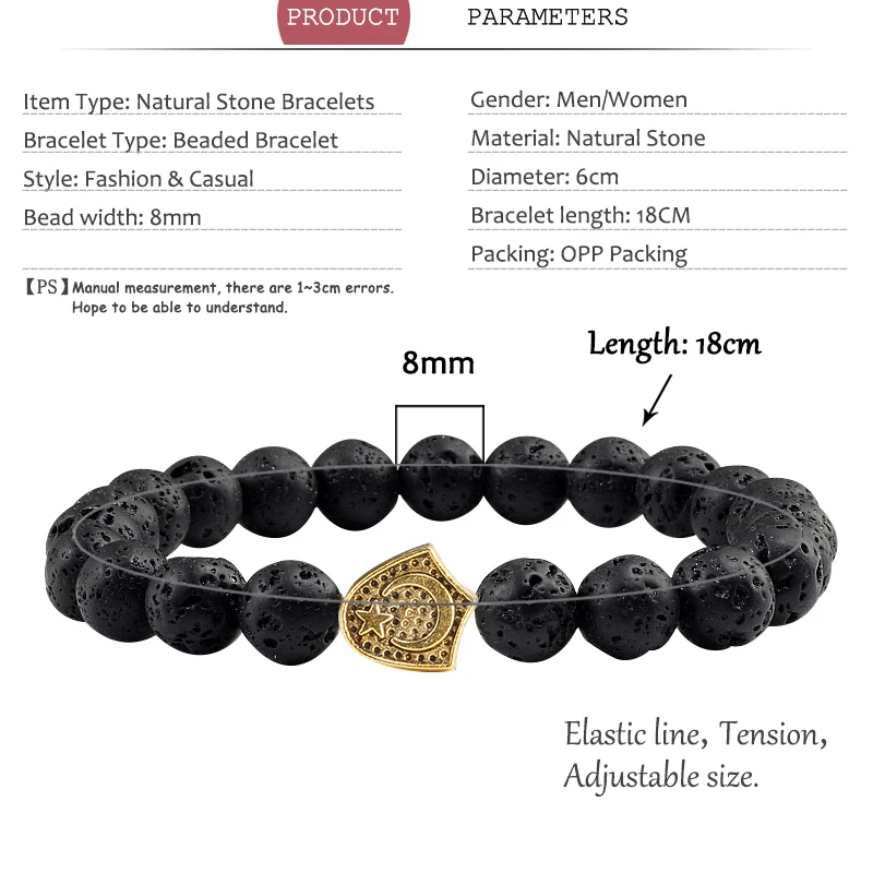 Boho Moon Star Natural Lava Bead Men Women Bracelets Couple Elastic Chain Wrist Bangle Yoga Charm Hand Jewelry Best Gift Pulsera | Украшения
